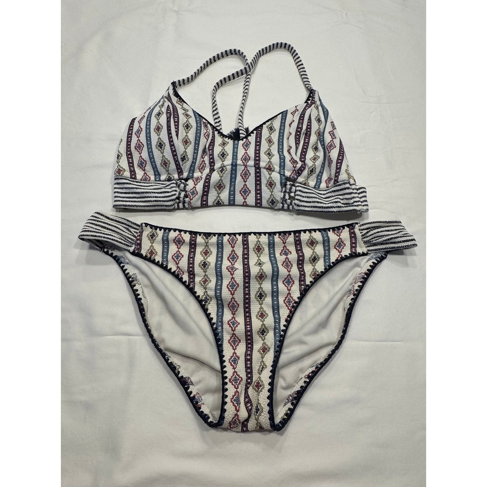 Jessica Simpson Womens Boho Geometric Stripe Tassel Bikini Set White Blue‎ Red L